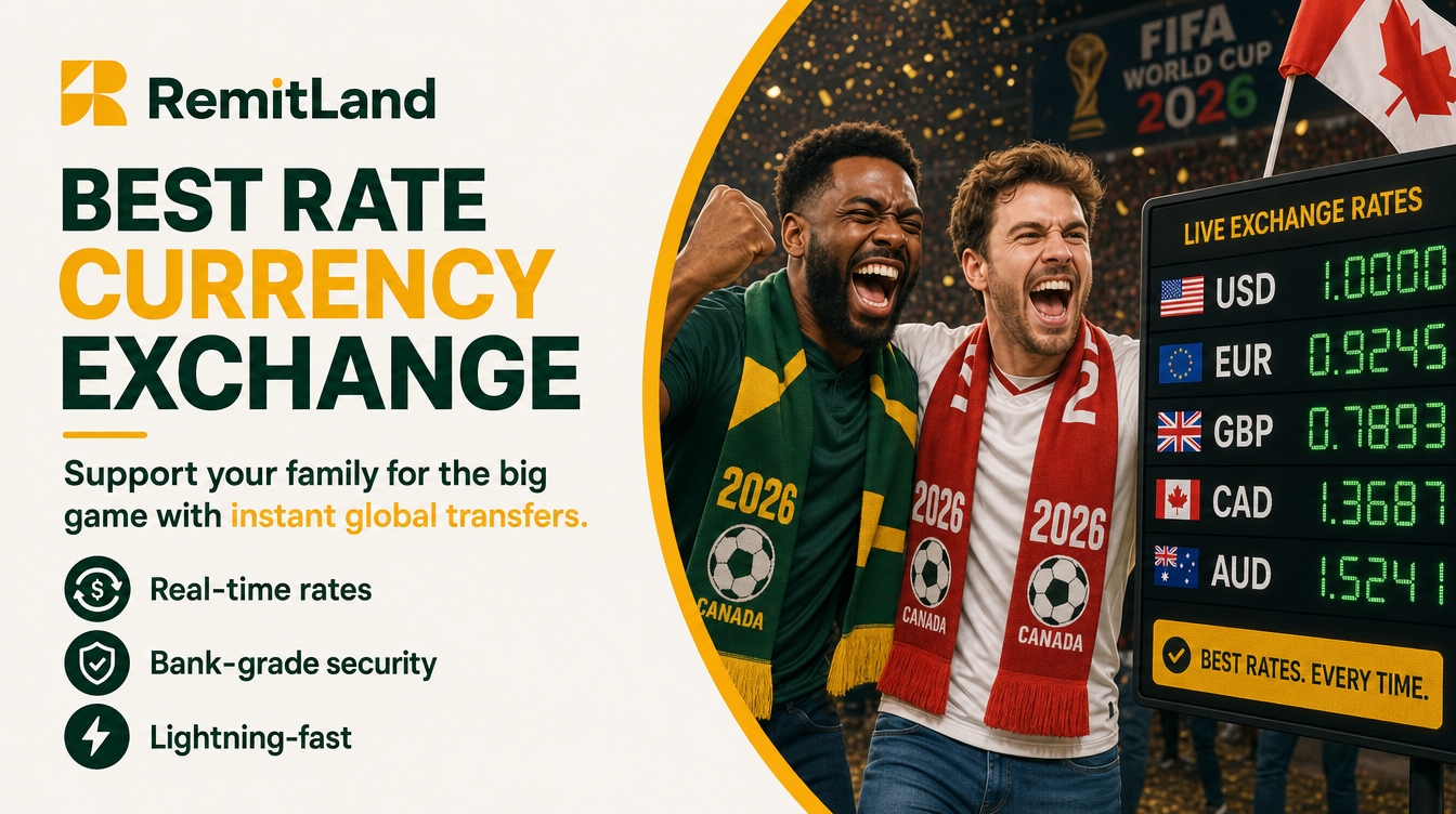 RemitLand FIFA World Cup 2026 live exchange rates, real-time rates, bank-grade security, lightning fast