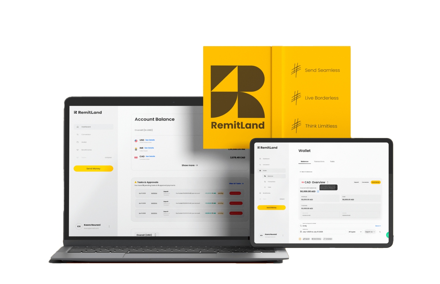 RemitLand digital payments platform shown on a laptop and tablet